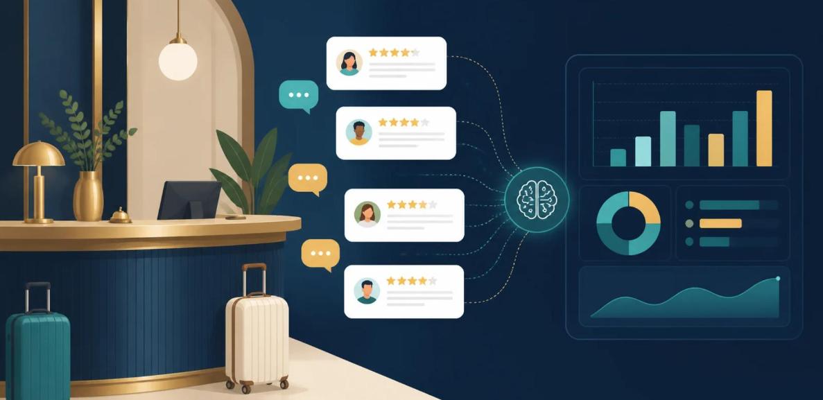 Hotel front desk with guest review cards feeding an AI analytics dashboard