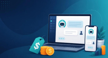 AI chatbot on a laptop and phone with price tag and coins, illustrating AI chatbot costs for small businesses