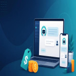 AI chatbot on a laptop and phone with price tag and coins, illustrating AI chatbot costs for small businesses
